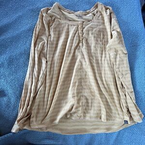 L.L. Bean Blouse Yellow Striped Long Sleeve XL 1/4 Button Soft Stretchy EUC